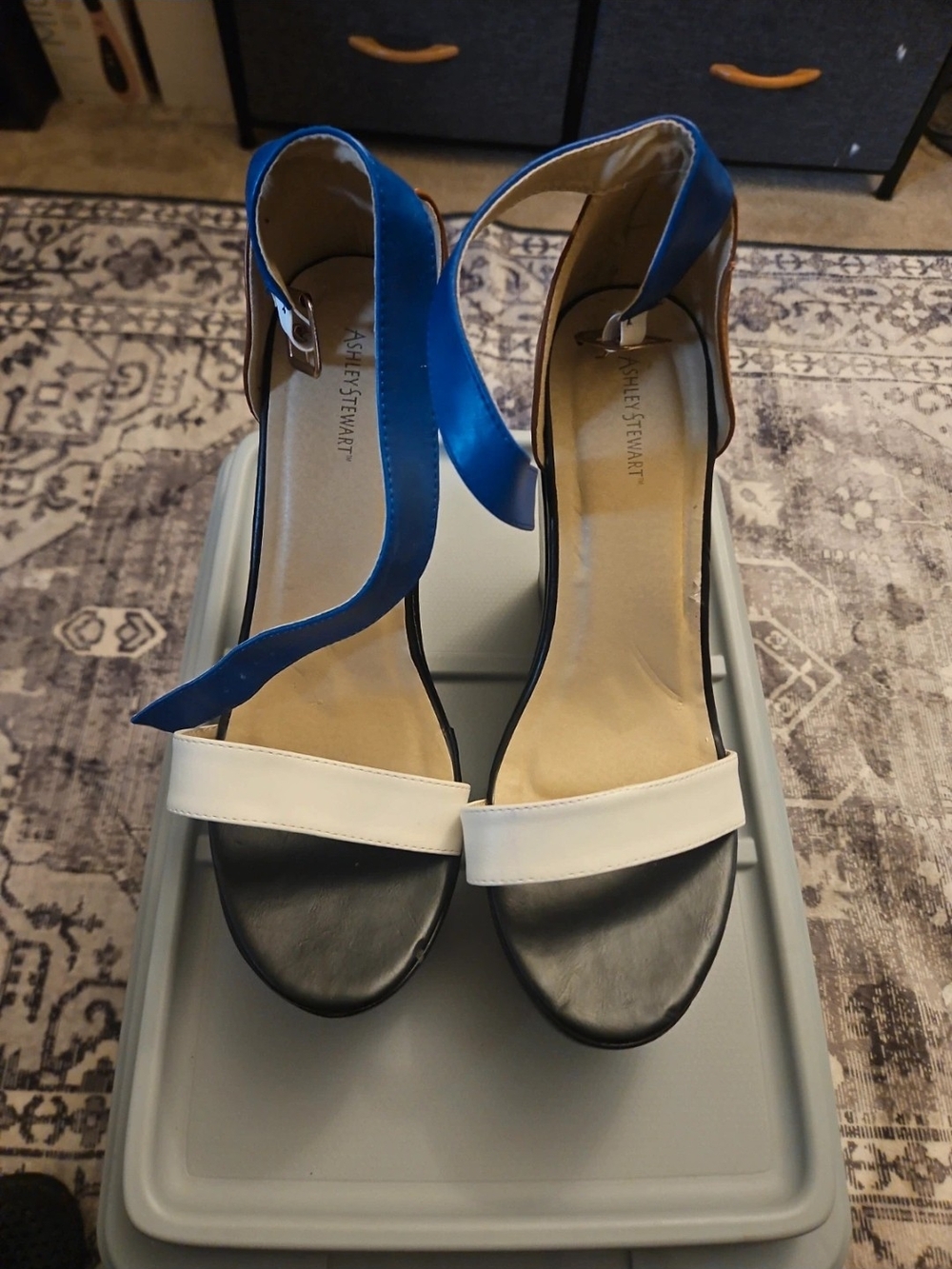 Ashley Stewart Blue, White and Black Open-Toe Ankle-Strap Heels